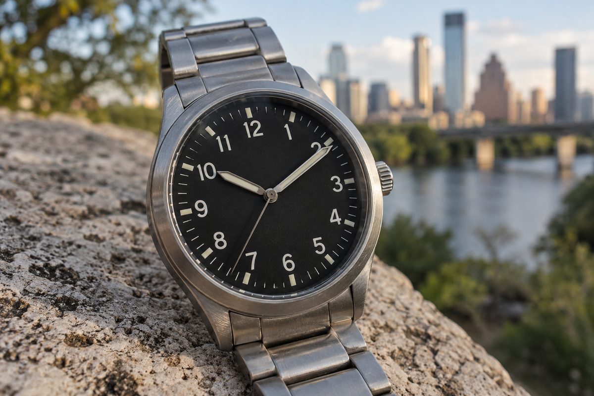 High-contrast numeral detail on the Field 38 dial