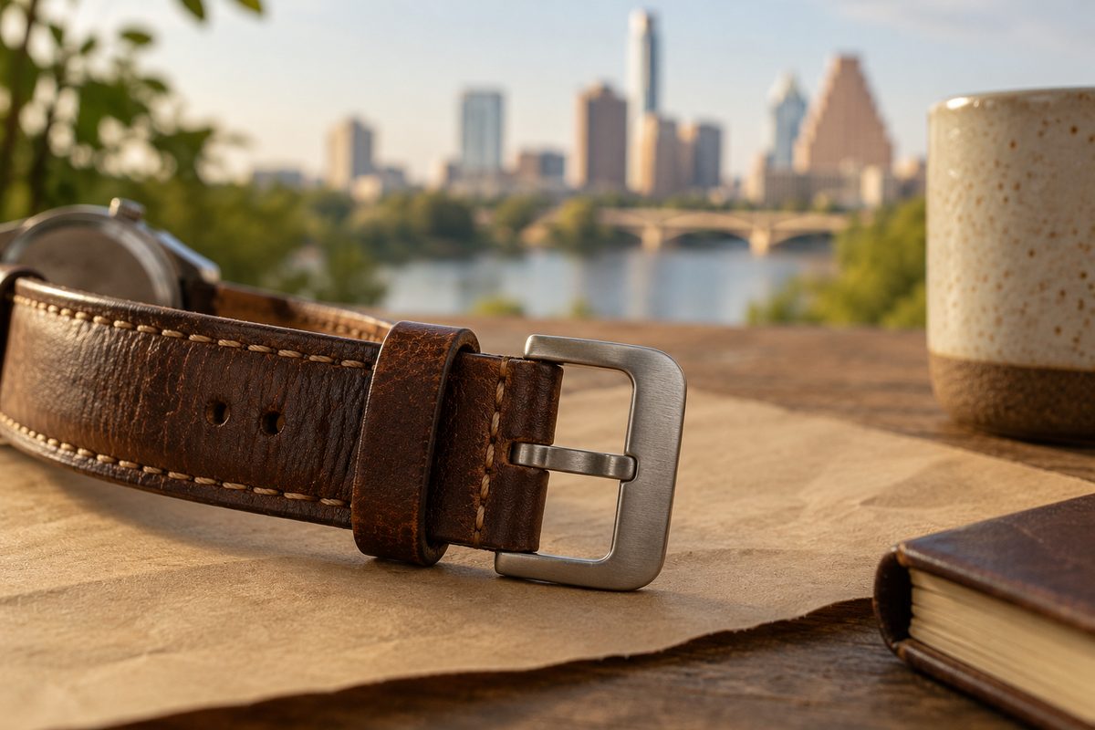 Leather strap edge and brushed buckle on warm paper