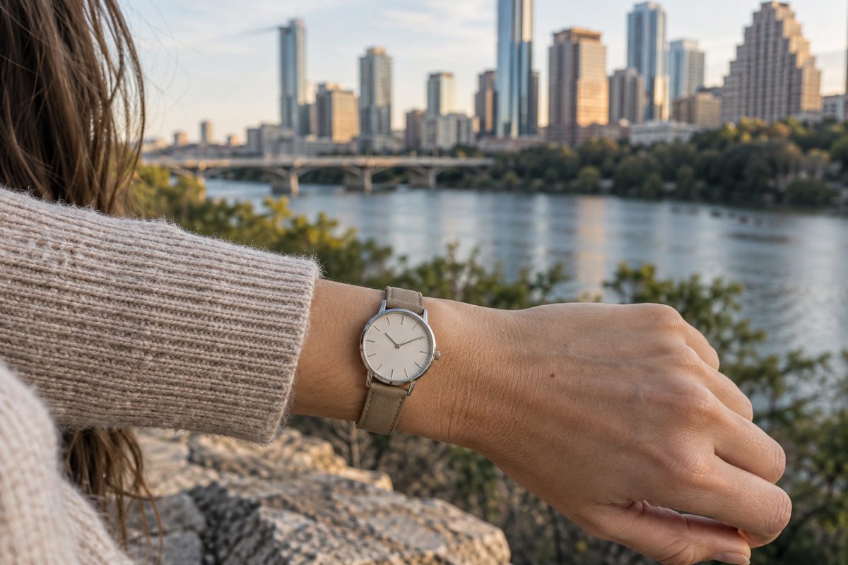 Linea 34 watch worn on a smaller wrist